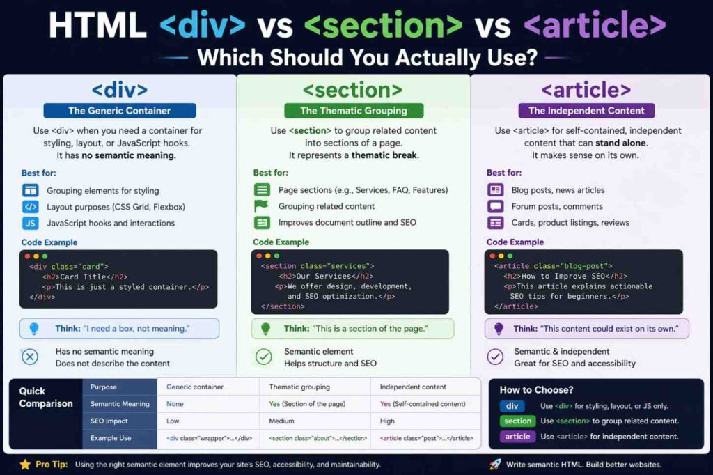 HTML div vs section vs article